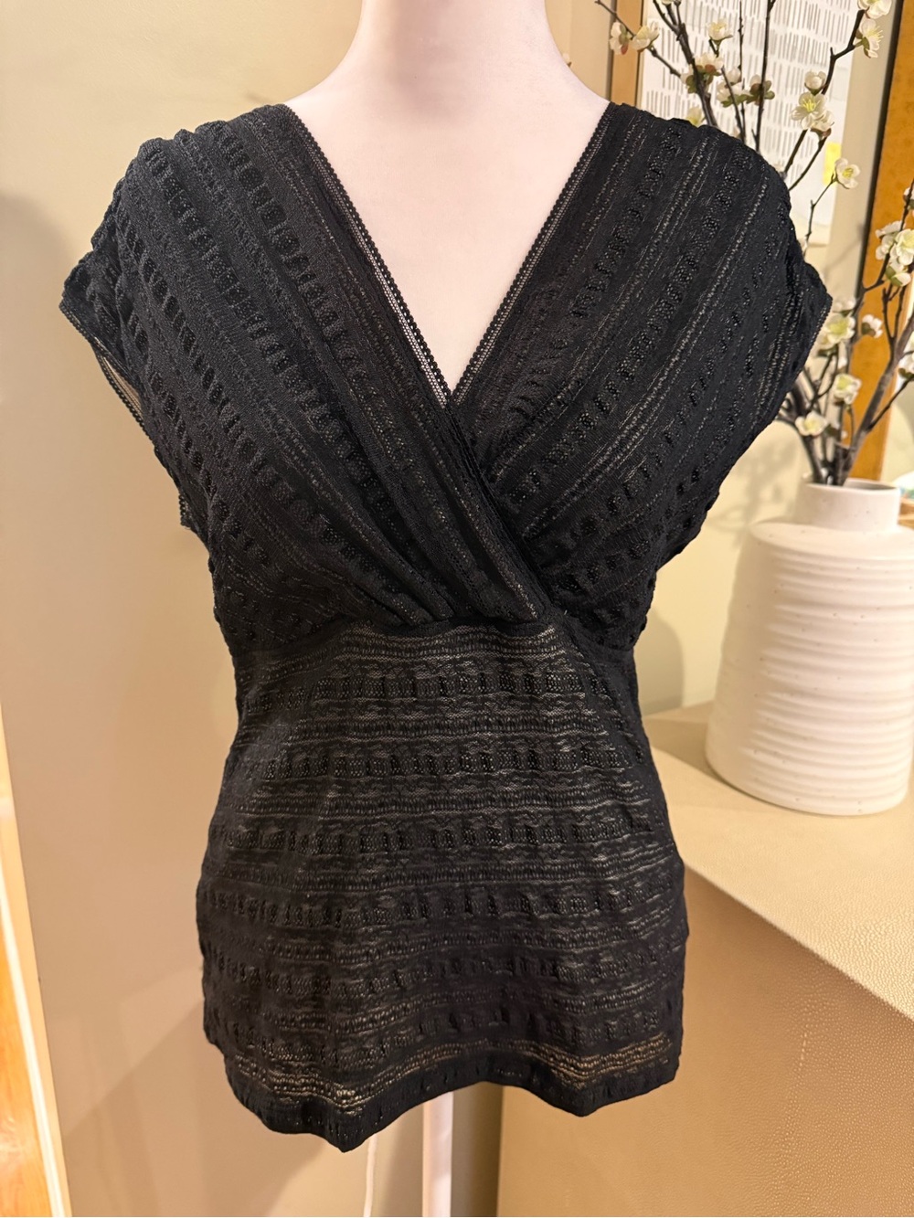 Ann Taylor Black V-Neck Lace-Texture Wrap Top